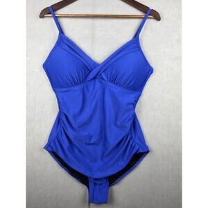 Hilor One Piece Swimsuit Size 16 Blue Tummy Control Ruched Slimming Bathing Suit